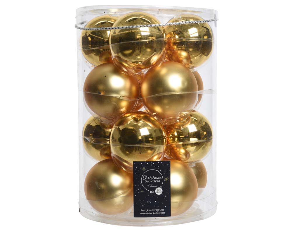 Boules de Noël en verre – Or clair – Ø80 mm (Boîte de 16 pièces)