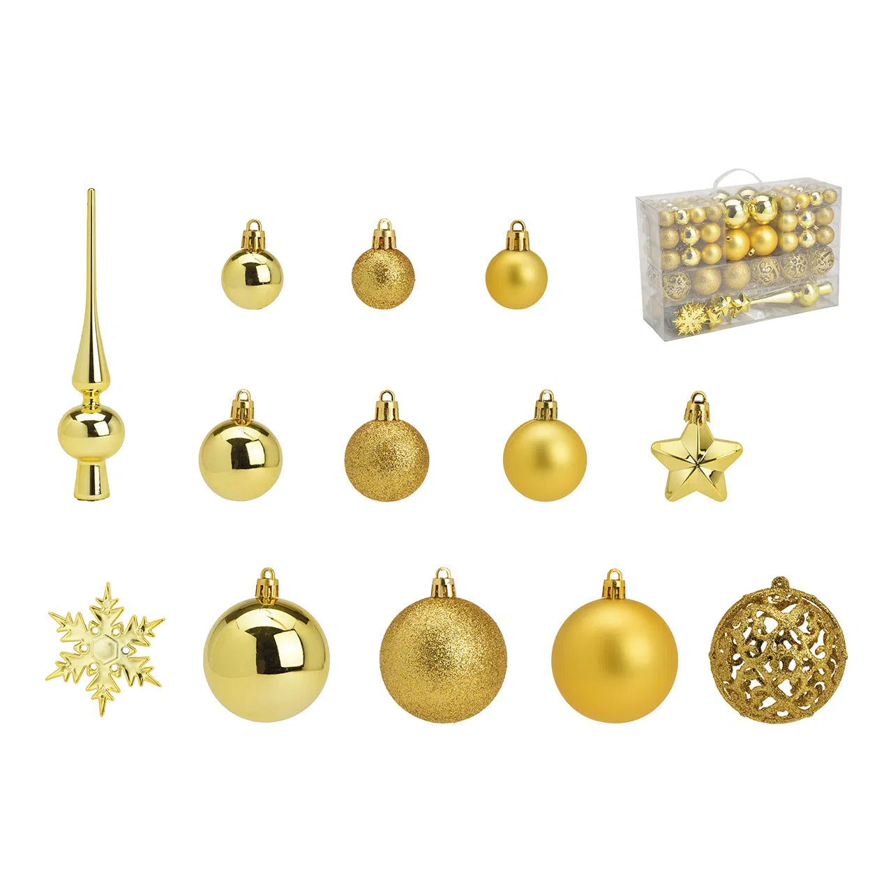 Boules de Noël incassables dorées Ø3–6 cm – set de 111 pièces, mélange brillant, mat et pailleté