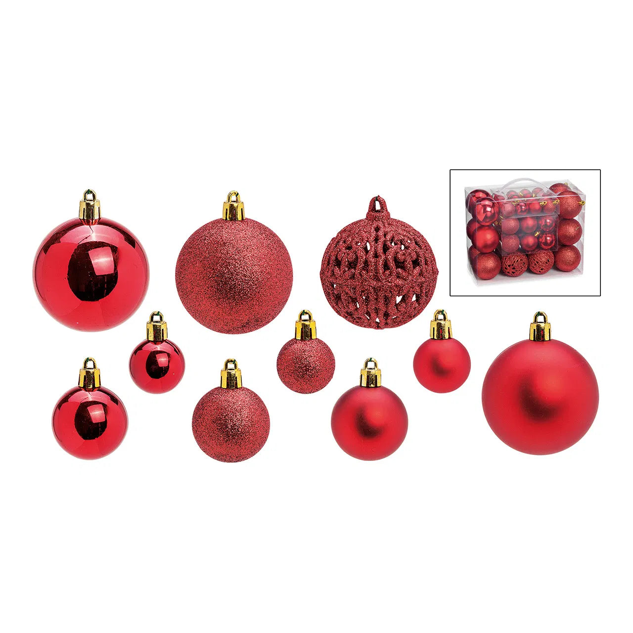 Boules de Noël incassables rouges Ø3–6 cm – set de 50 pièces, mélange brillant, mat et pailleté
